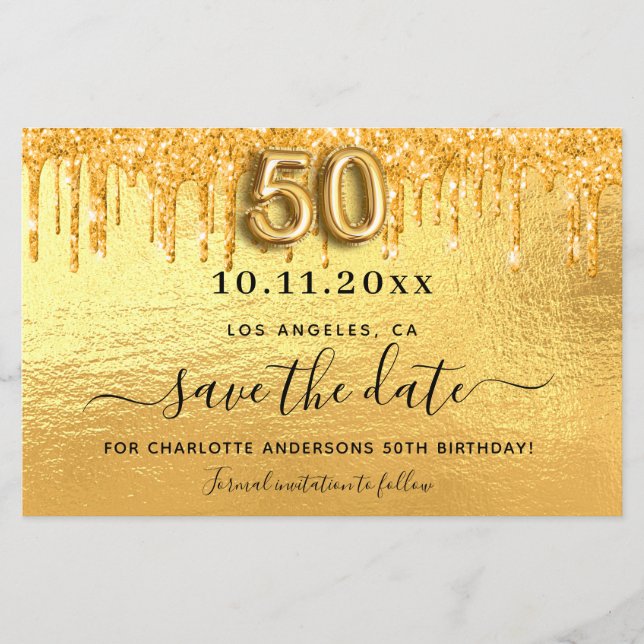 Budget 50th birthday gold glitter save the date (Front)