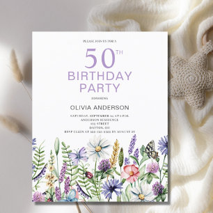 Budget 50th Birthday Purple Floral Invitation