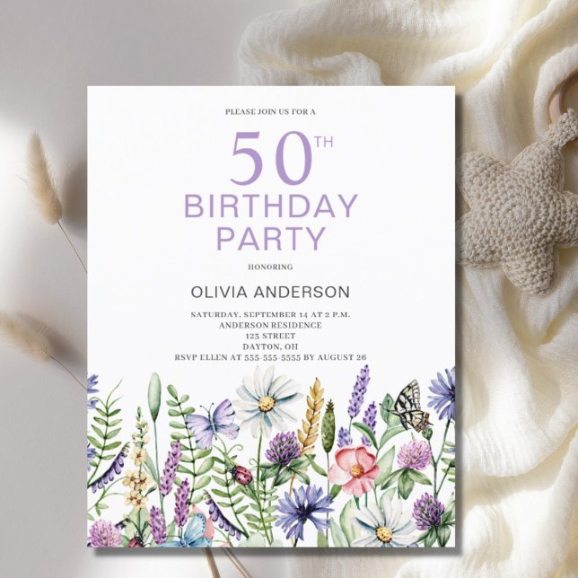 Budget 50th Birthday Purple Floral Invitation (Creator Uploaded)