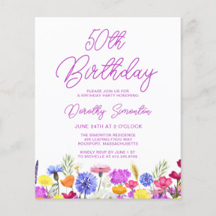 BUDGET 50th Birthday Purple Wildflower Invitation