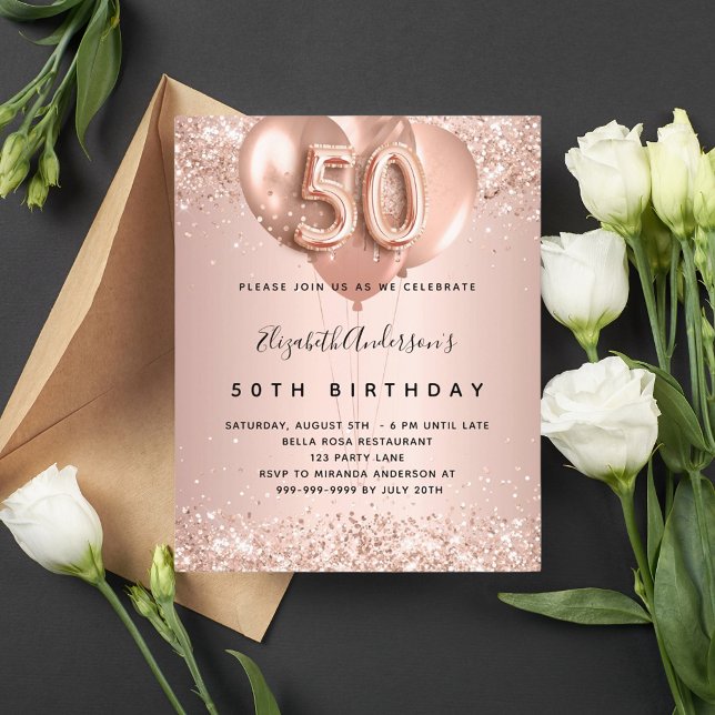 Budget 50th birthday rose gold balloons invitation (Creator Uploaded)