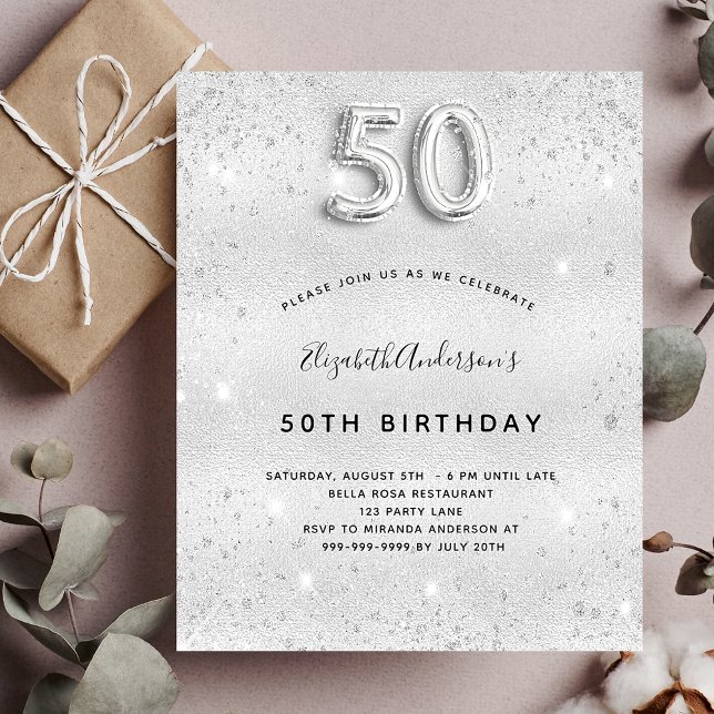 Budget 50th birthday silver glitter invitation (Creator Uploaded)