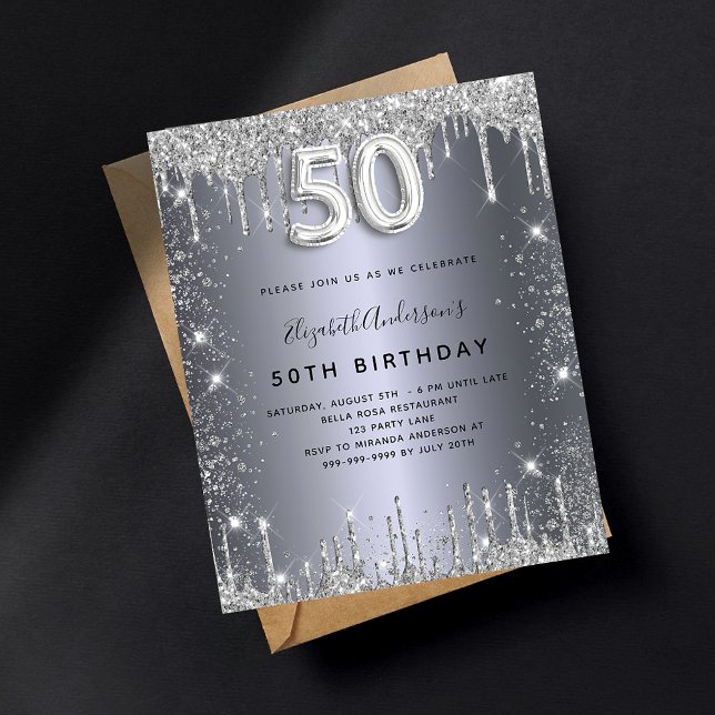 Budget 50th birthday silver glitter invitation (Creator Uploaded)