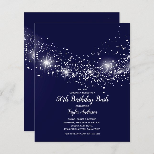 Budget 50th Birthday Stars on Navy Blue Invites (Front/Back)
