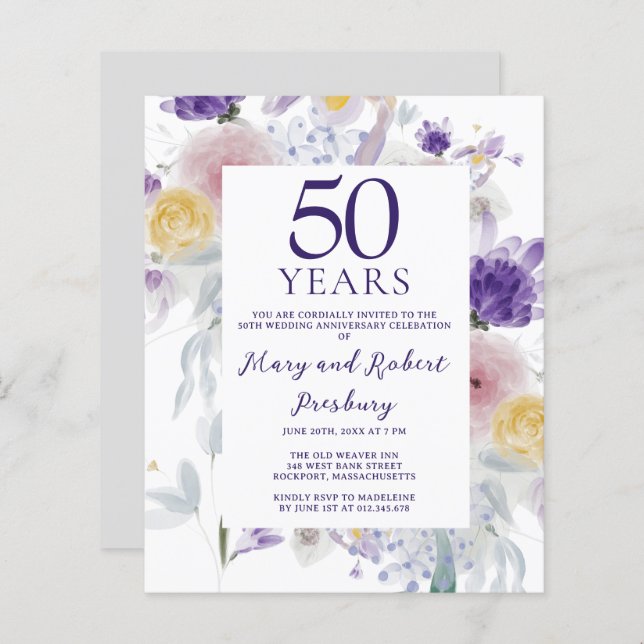 Budget 50th Wedding Anniversary Floral Invitation (Front/Back)