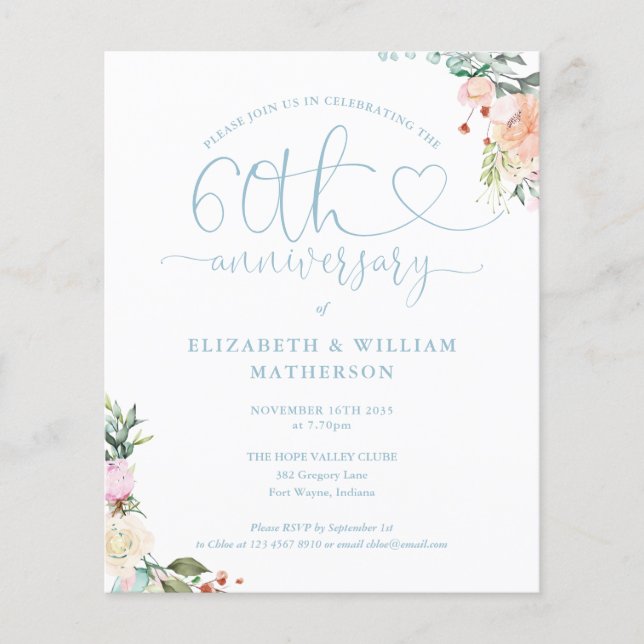 Budget 60th Anniversary Heart Floral Invitation (Front)