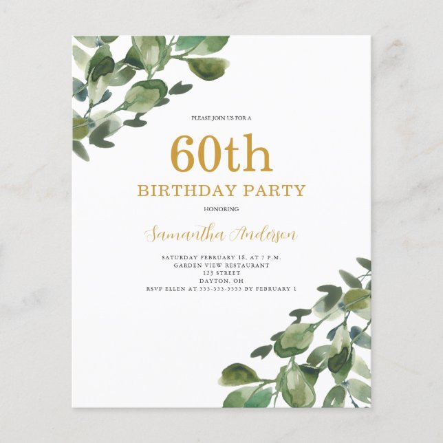 Budget 60th Birthday Eucalyptus Invitation Flyer (Front)
