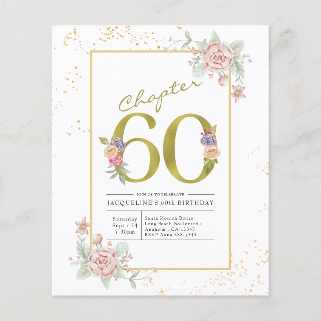 Budget 60th Birthday Floral Gold Script Invitation Flyer (Front)
