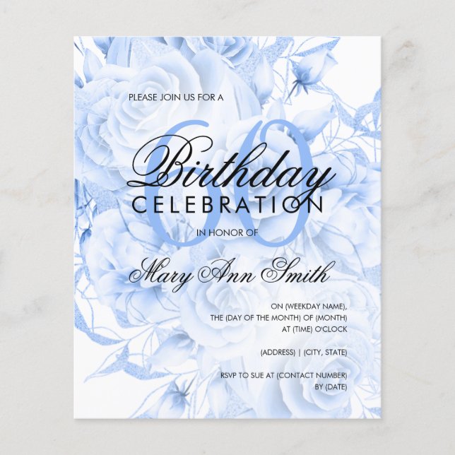 Budget 60th Birthday Floral Navy Blue Invite (Front)