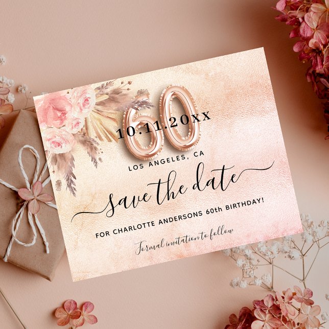 Budget 60th birthday pampas rose save the date (Creator Uploaded)