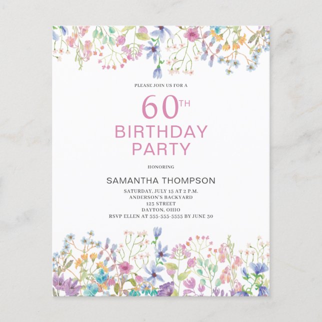 Budget 60th Birthday Pink Floral Invitation Flyer (Front)