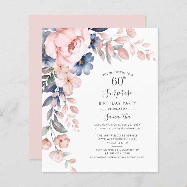 Budget 60th Birthday Pink Floral Party Invitation (Front/Back)