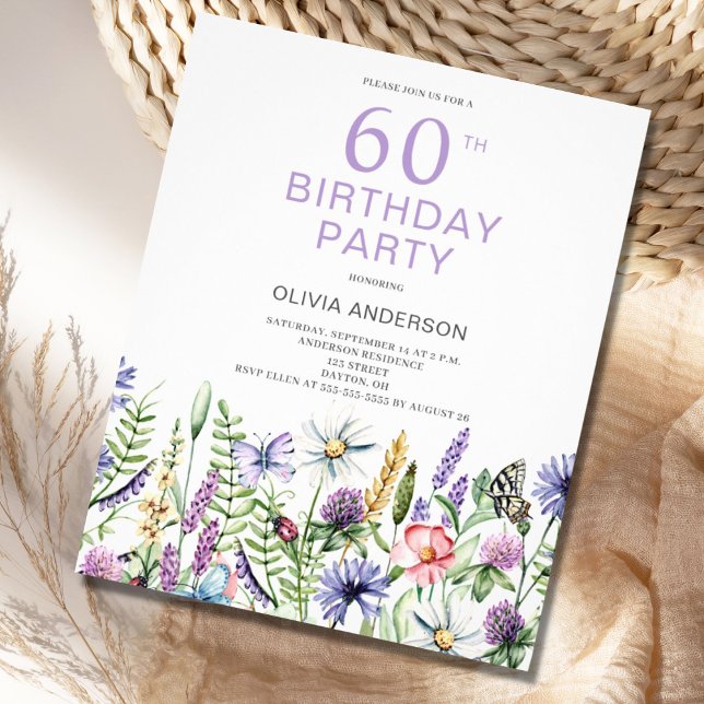 Budget 60th Birthday Purple Floral Invitation Flyer (Creator Uploaded)