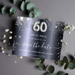 Budget 60th birthday silver glitter save the date<br><div class="desc">An elegant Save the Date card for a 60th birthday party. A modern faux silver metallic looking background, decorated with faux glitter dust. Personalise and add a date and name/age. The text: Save the Date is written with a large trendy hand lettered style script. Number 60 with a balloon style...</div>