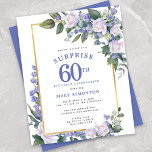 Budget 60th Birthday Surprise Party Invitation<br><div class="desc">Honour a special woman with this elegant and feminine Budget 60th Birthday Surprise Party invitation. Surprise and 60th are written in large blue text. Birthday Celebration follows. The honoured guest's name is also in blue capital letters. The birthday celebration details are surrounded by a chic gold frame. The blue flowers...</div>