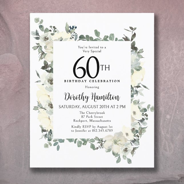 Budget 60th Birthday White Floral Invitation (Creator Uploaded)