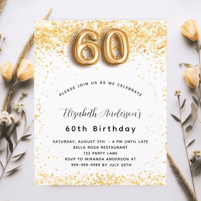 Budget 60th birthday white gold glitter invitation (Creator Uploaded)