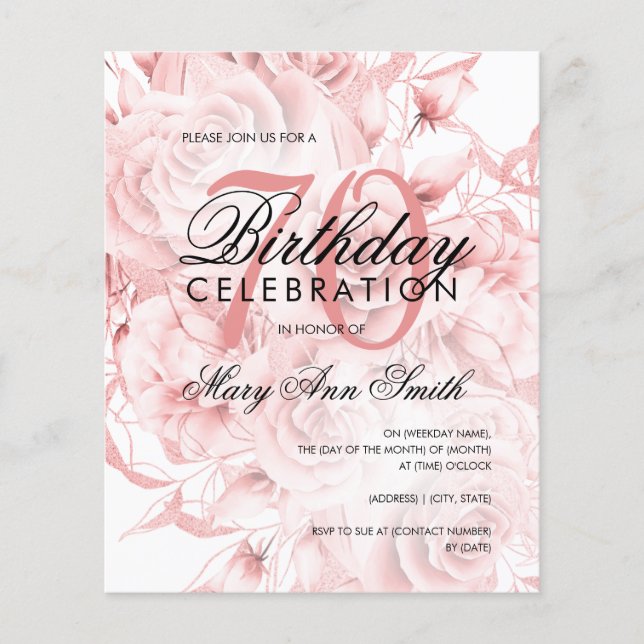 Budget 70th Birthday Floral Rose Gold Invite (Front)