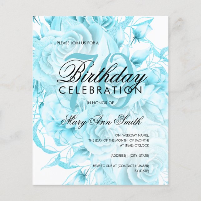 Budget 70th Birthday Floral Teal Invite  Flyer (Front)