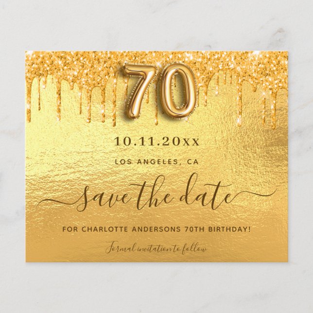 Budget 70th birthday gold glitter save the date (Front)