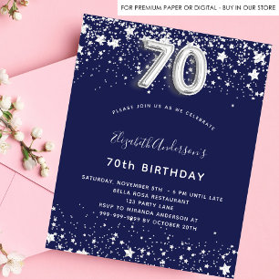 Budget 70th birthday navy blue silver invitation