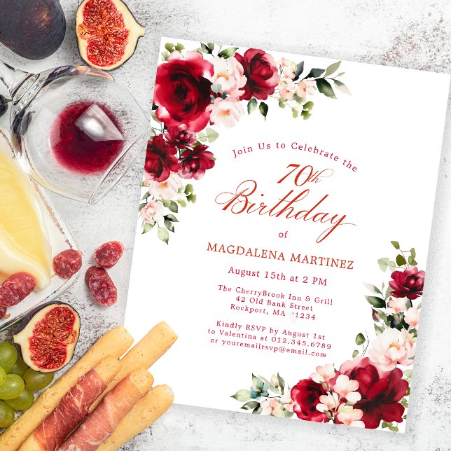 BUDGET 70th Birthday Red Pink Floral Invitation (Creator Uploaded)