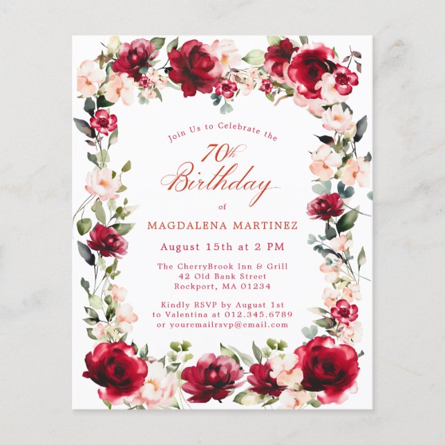 BUDGET 70th Birthday Red Rose Pink Peony Invite (Front)