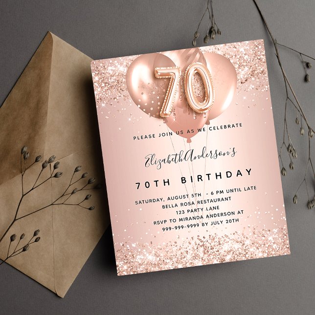 Budget 70th birthday rose gold balloons invitation (Creator Uploaded)