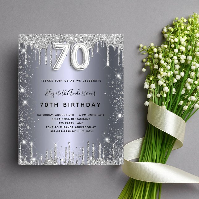 Budget 70th birthday silver glitter invitation (Creator Uploaded)