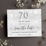 Budget 70th birthday silver glitter save the date<br><div class="desc">An elegant Save the Date card for a 70th birthday party. A modern faux silver metallic looking background decorated with faux glitter dust. Personalise and add a date and name/age. Grey coloured letters. The text: Save the Date is written with a large trendy hand lettered style script. Number 70 with...</div>