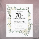 Budget 70th Birthday White Floral Invitation<br><div class="desc">Elegant 70th birthday party invitation features a botanical frame of white flowers and deep green leaves. The birthday person's name is written in a traditional script text. All of the text can be easily edited to create just the right celebratory tone.</div>