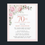 Budget 70th Surprise Birthday Pink Floral Invite<br><div class="desc">Soft blush pink frame with an elegant pink rose floral arrangement in the upper left corner. 70th is written in a beautiful rose gold texture. Pretty and feminine design.</div>