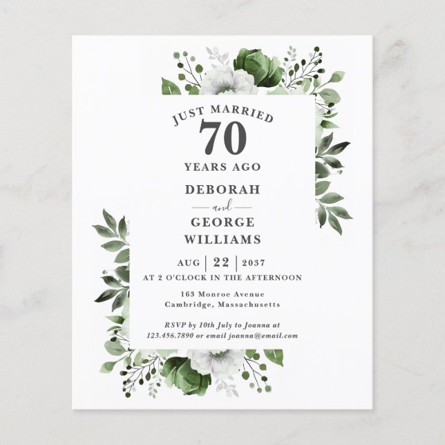 Budget 70th Wedding Anniversary Floral Invitation (Front)