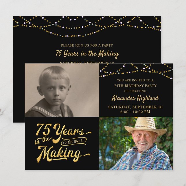 Budget 75th Birthday 2 Photos Retro Invitation (Front/Back)