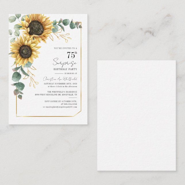 Budget 75th Birthday Sunflower Eucalyptus Party Card (Front/Back)