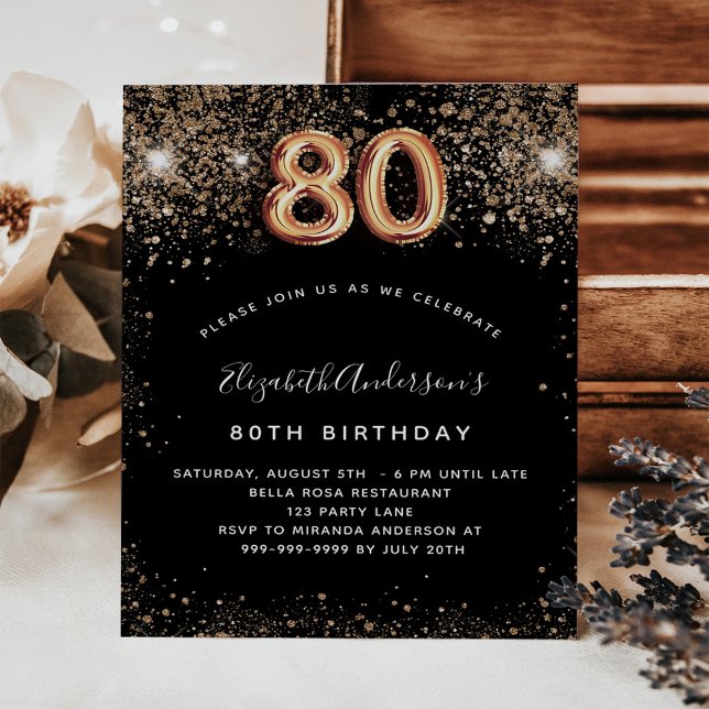 Budget 80th birthday black gold glitter invitation (Creator Uploaded)