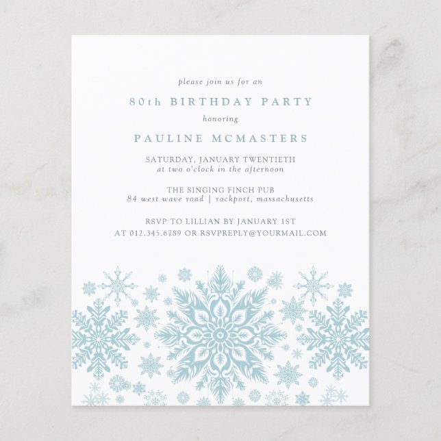 BUDGET 80th Birthday Blue Snowflake Invitation (Front)
