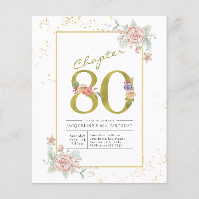 Budget 80th Birthday Floral Gold Script Invitation Flyer (Front)