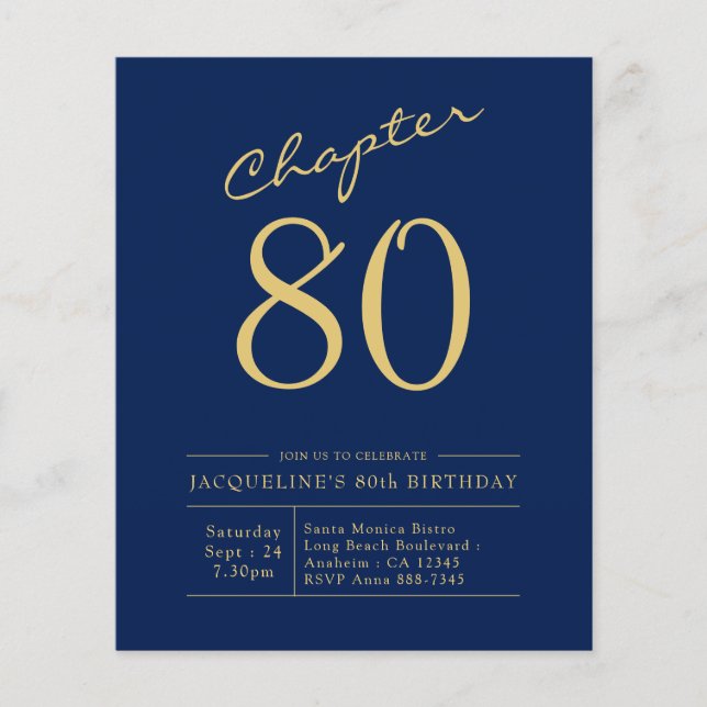 Budget 80th Birthday Invitation Navy Blue Flyer (Front)