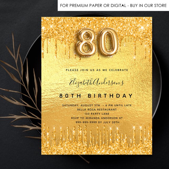 Budget 80th birthday party gold glitter invitation (Creator Uploaded)