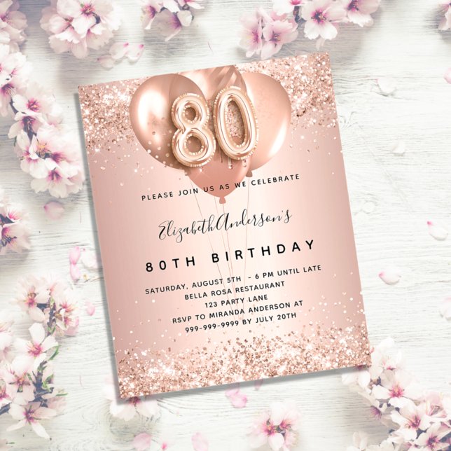 Budget 80th birthday rose gold balloons invitation (Creator Uploaded)