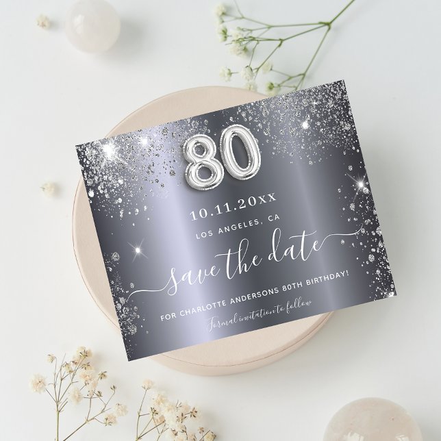 Budget 80th birthday silver glitter save the date (Creator Uploaded)