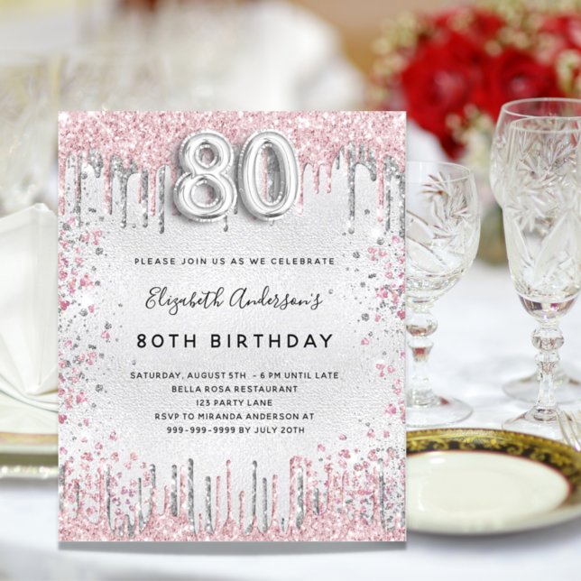 Budget 80th birthday silver pink invitation (Creator Uploaded)