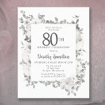 Budget 80th Birthday White Floral Invitation<br><div class="desc">Elegant 80th birthday party invitation features a botanical frame of white flowers and deep green leaves. The birthday person's name is written in a traditional script text. All of the text can be easily edited to create just the right celebratory tone.</div>
