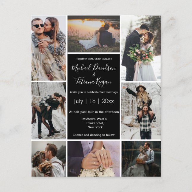 budget 8 photos collage black wedding invitation (Front)