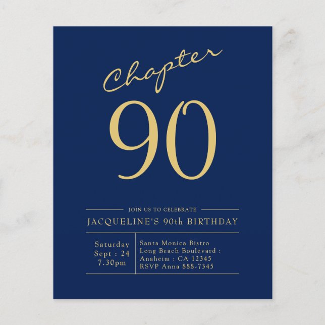 Budget 90th Birthday Invitation Navy Blue Flyer (Front)