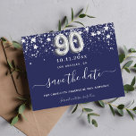 Budget 90th birthday navy blue silver save date<br><div class="desc">A girly and trendy Save the Date for a 90th birthday party. A navy blue coloured background. Decorated with faux silver stars. The text: Save the Date is written with a large trendy hand lettered style script. Number 90 is written with a balloon style font.</div>