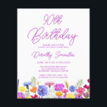 BUDGET 90th Birthday Purple Wildflower Invitation<br><div class="desc">A pretty wildflower border decorates the bottom of this adult 90th birthday party invitation. Purple, blue, yellow and orange flowers create a colourful and happy design to celebrate this milestone birthday. Modern and simple purple calligraphy adds a trendy touch to keep it fresh. The open and carefree lettering flow coordinates...</div>
