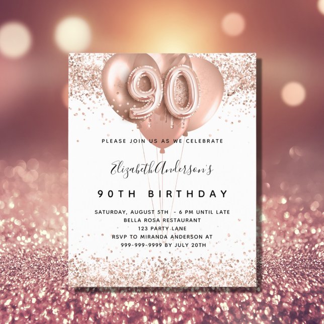 Budget 90th birthday rose gold balloons invitation (Creator Uploaded)
