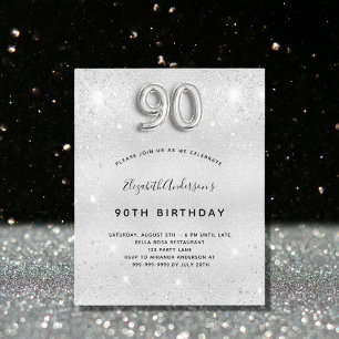 Budget 90th birthday silver glitter invitation